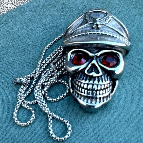 Men's Bold Skull Pendant Necklace with Red Eyes - 24" Stainless Steel Chain - Picture 10 of 17